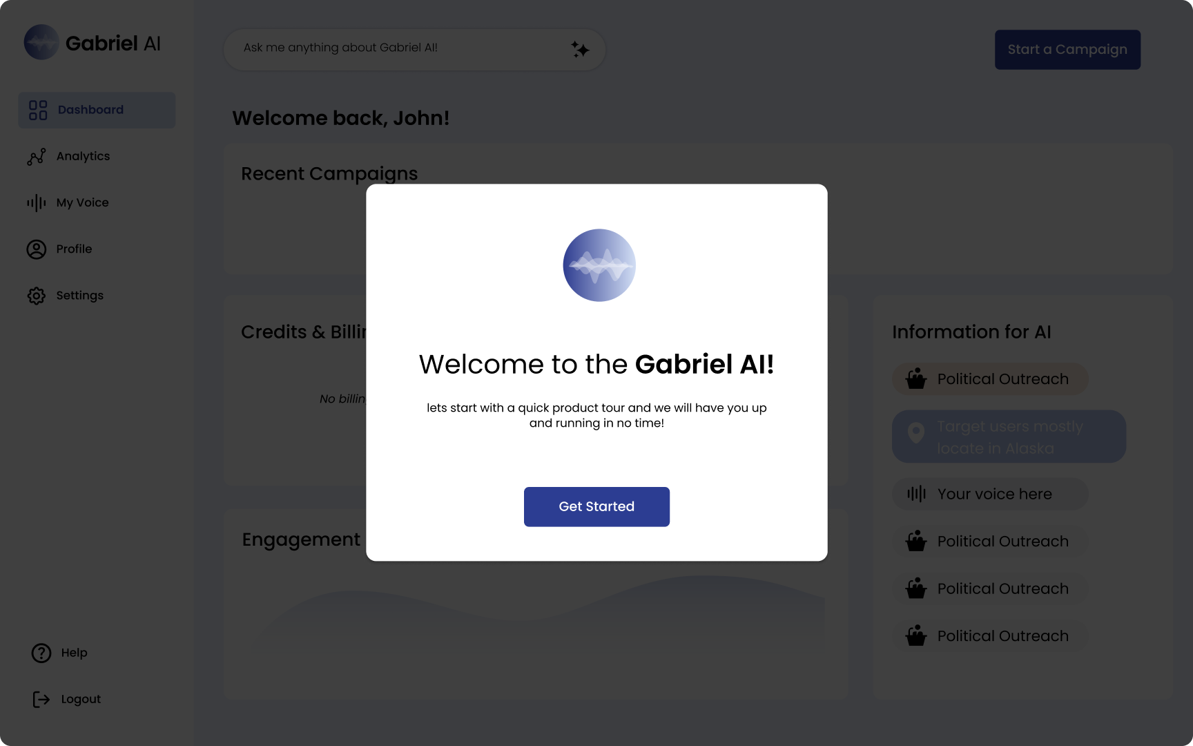 Gabriel AI tutorial welcome screen