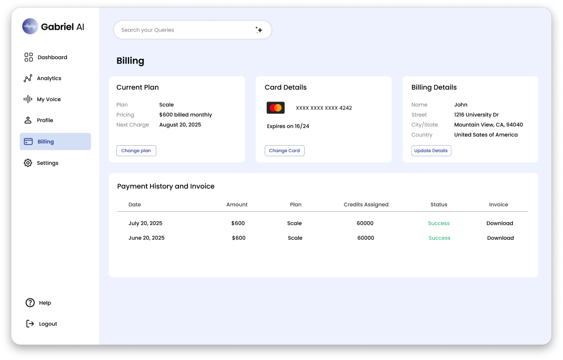 Gabriel AI billing overview