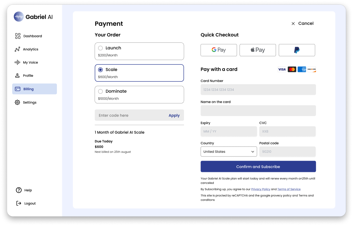 Gabriel AI payment form