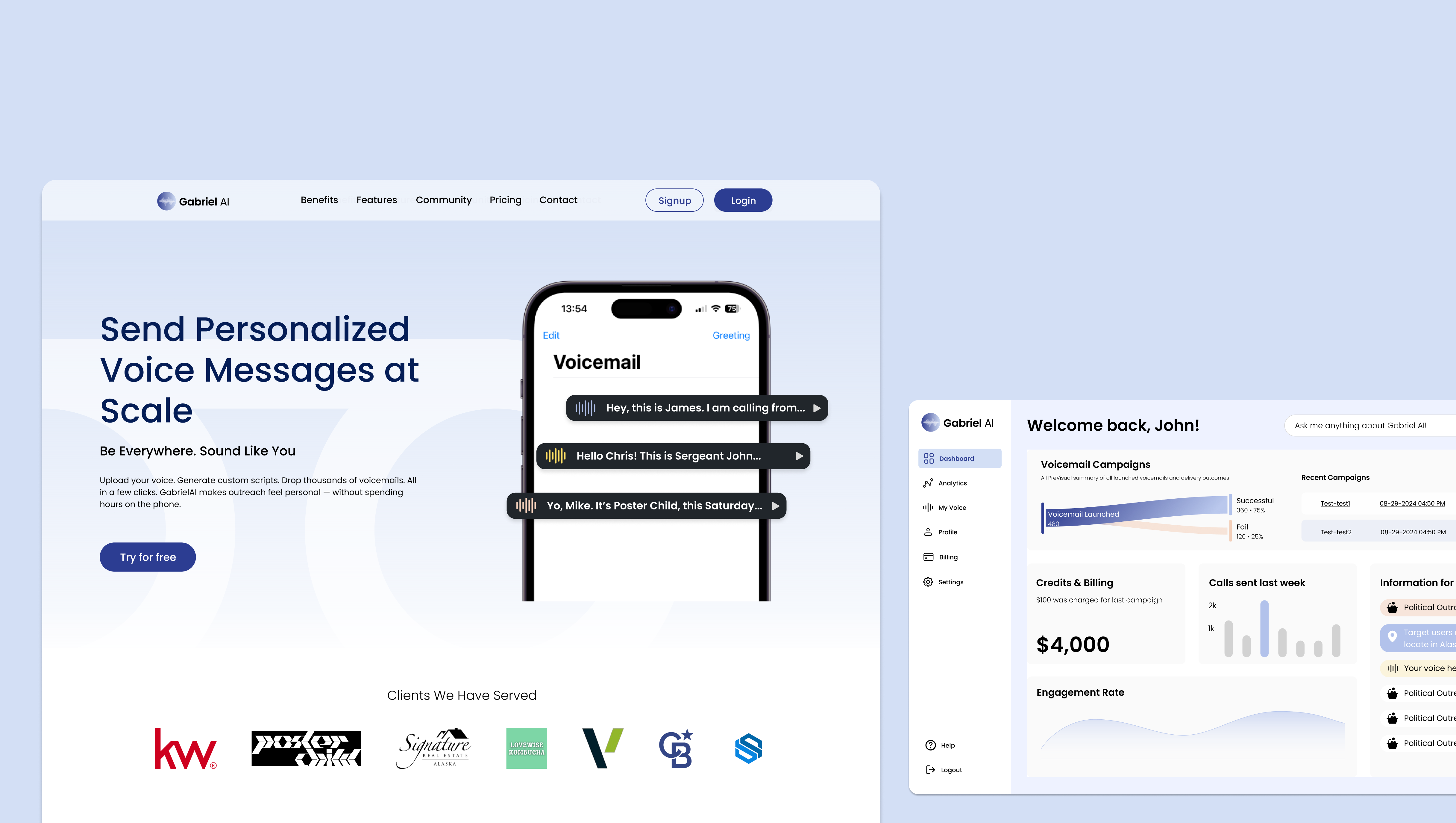 Gabriel AI voice outreach landing page and campaign dashboard