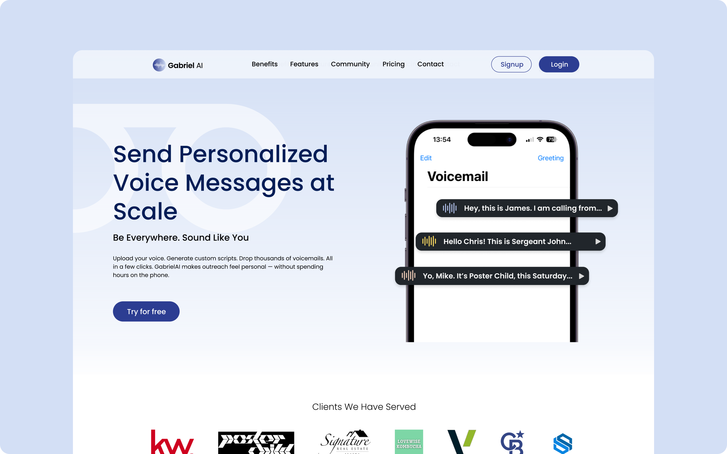 Gabriel AI voice outreach landing page