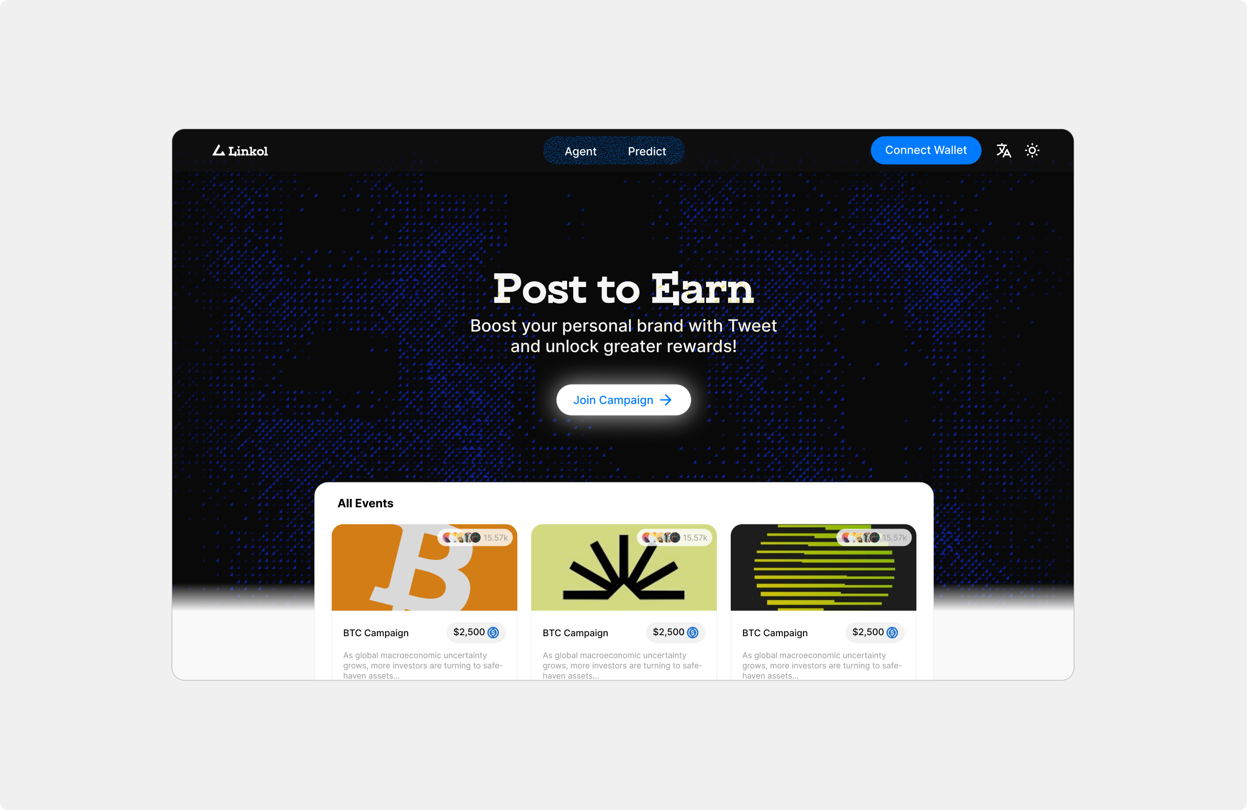 Linkol AI Post to Earn landing page